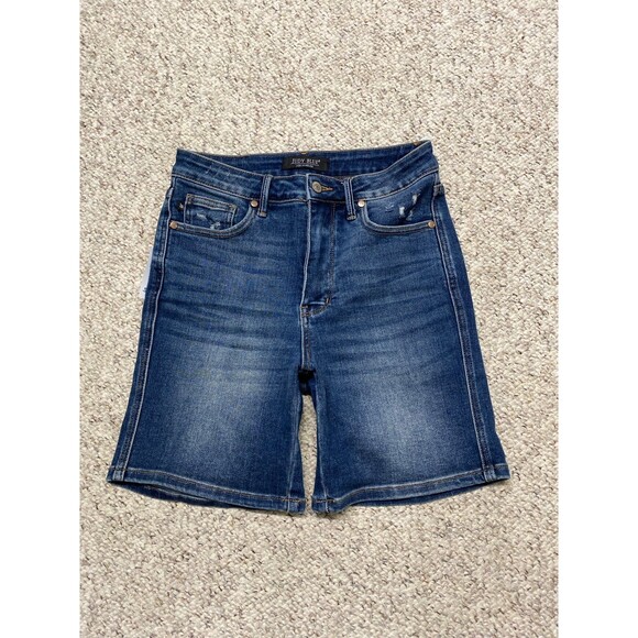 29 Judy Blue High-Rise Distressed Tummy Control Mid Thigh Shorts - Picture 1 of 6